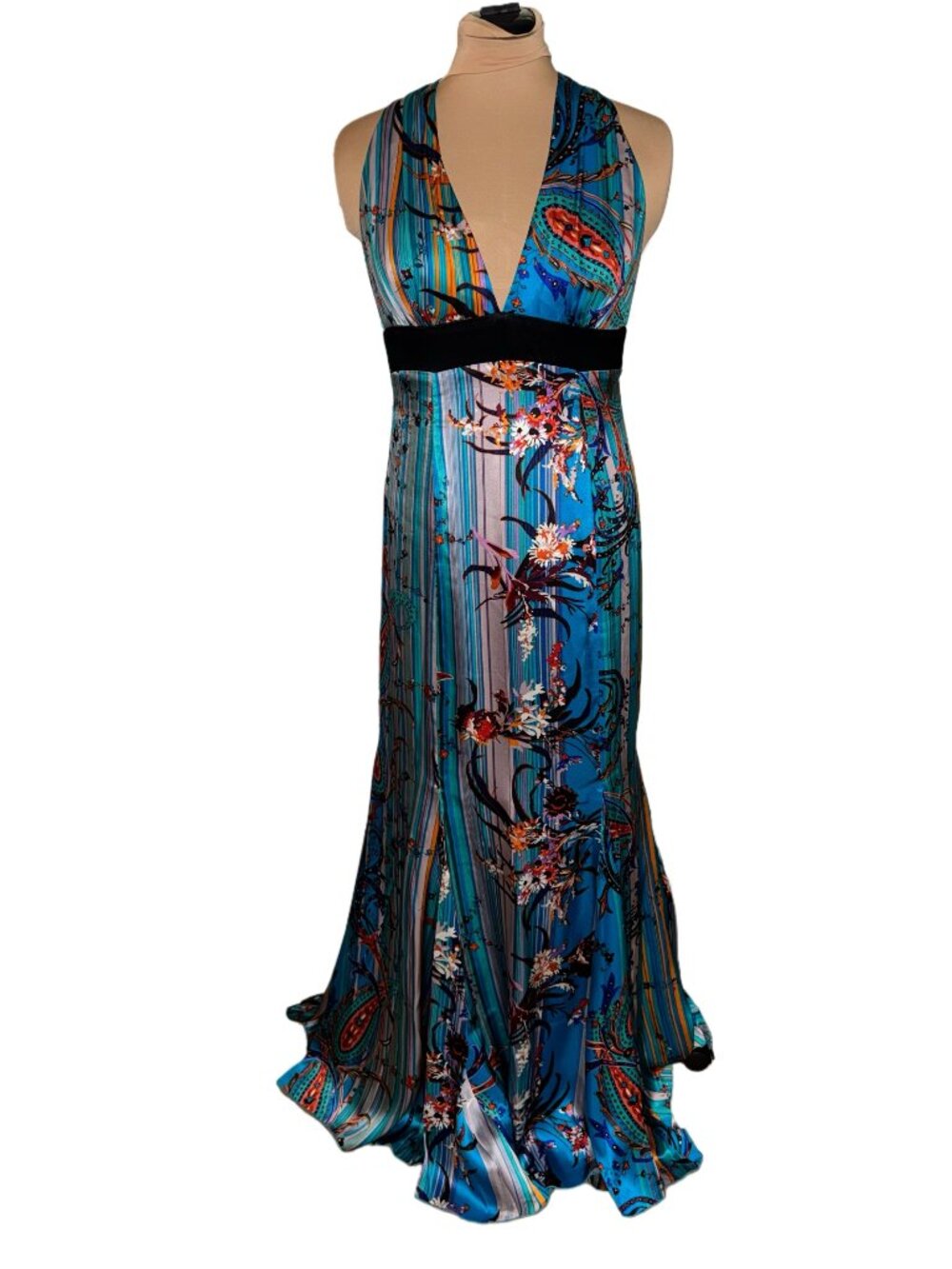 Vintage Y2K 100% Silk Blue Paisley Floral Halter Maxi Dress Size Large NWOT